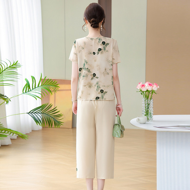 新款妈妈夏装套装洋气雪纺小衫女中老年遮肚子显瘦短袖上衣两件套,淘宝优惠券,粉丝福利购,淘宝优惠卷