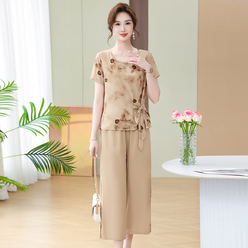 新款妈妈夏装套装洋气雪纺小衫女中老年遮肚子显瘦短袖上衣两件套,淘宝优惠券,粉丝福利购,淘宝优惠卷