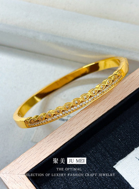 轻奢跨境高保色镀18K金时尚个性小钻排钻锆石卡扣手镯 沙金女手环