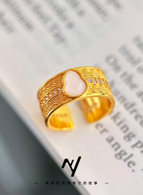 越南沙金新中式腰缠万贯点钻玉石白葫芦活口编织纹戒指送闺蜜礼物