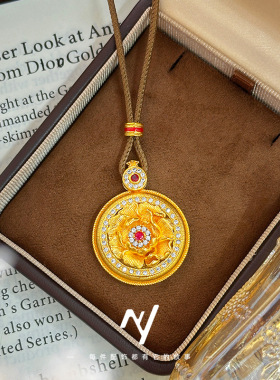 新中式小众设计感国风点钻拉丝牡丹花沙金吊坠毛衣链挂坠送礼批发