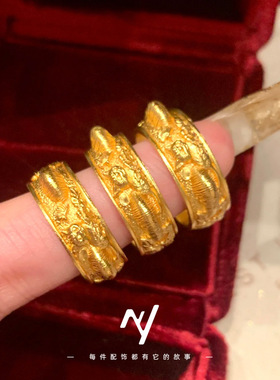 金店同款古法金沙金錾刻小猫蝴蝶猫猫爪开口戒指 送闺蜜礼物批发