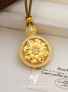 新中式国风镶钻沙金罗盘项链碎冰拉丝双层编绳秋冬毛衣链货源批发