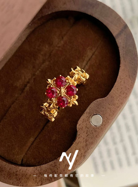 小众轻奢高级感鸢尾花红宝石食指戒开口指环简约鸽子血红锆石戒指
