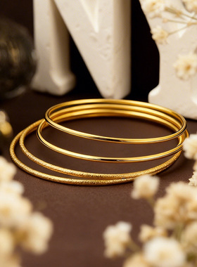 跨境高级感波西米亚风复古极细素圈线圈叠戴手镯沙金光面磨砂手环