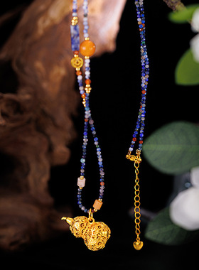 2025新中式天然彩石碧玺串珠项链国风镂空爬藤葫芦高级感毛衣链女