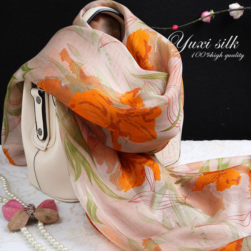 黄色鸢尾花100%桑蚕丝长款真丝丝巾披肩女士春秋冬夏季丝绸围巾,淘宝优惠券,粉丝福利购,淘宝优惠卷