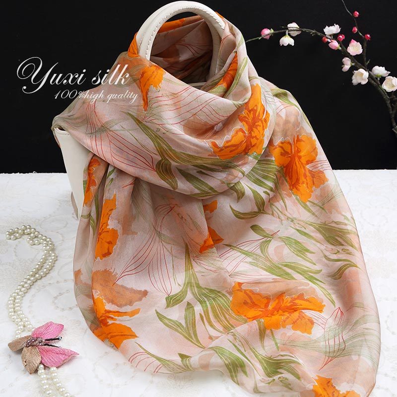 黄色鸢尾花100%桑蚕丝长款真丝丝巾披肩女士春秋冬夏季丝绸围巾,淘宝优惠券,粉丝福利购,淘宝优惠卷