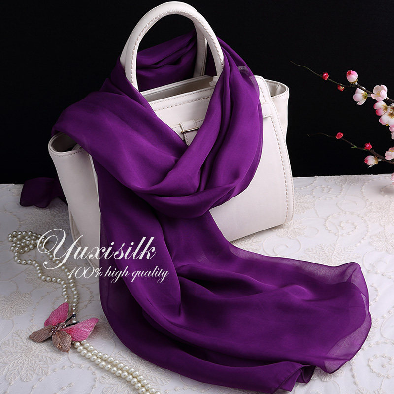 深紫色纯色100%桑蚕丝长款真丝丝巾披肩女纱巾春秋冬夏季丝绸围巾