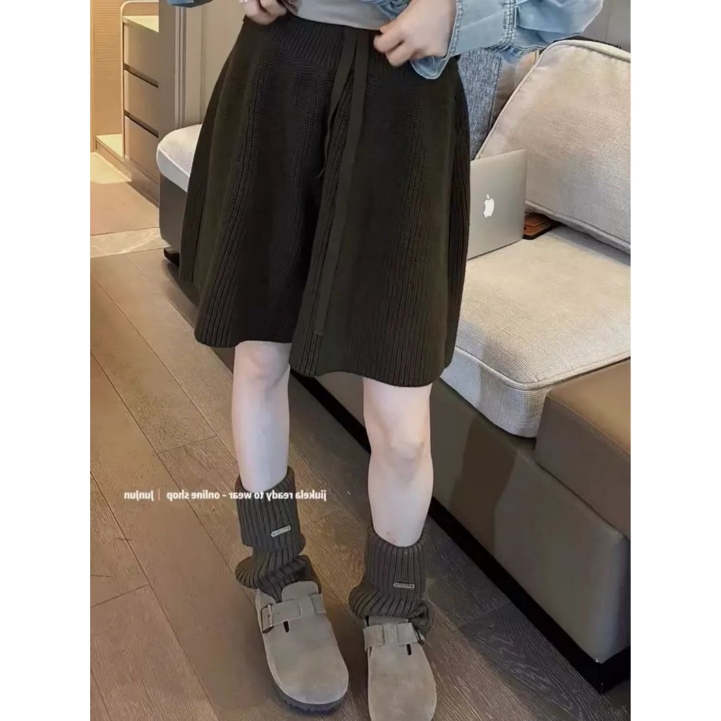 秋冬极简风灰色针织A字裤300斤大码胖MM高腰显瘦遮肉松紧腰短裤子,淘宝优惠券,粉丝福利购,淘宝优惠卷