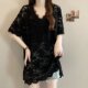 Fat MM 300 ປອນເລັກນ້ອຍ see-through stitching layered lace shirt large size Korean style versatile v-neck short-sleeved topmid-length women summer summer