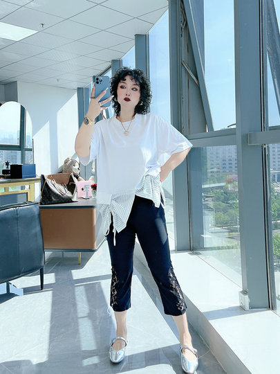 Large Size Thin Stretch Casual Lace High Waist Cropped Pants