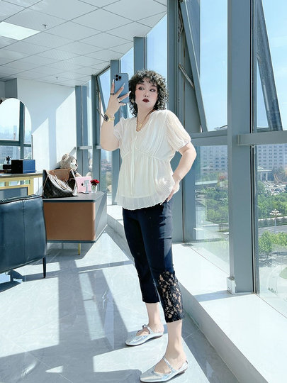 Large Size Thin Stretch Casual Lace High Waist Cropped Pants