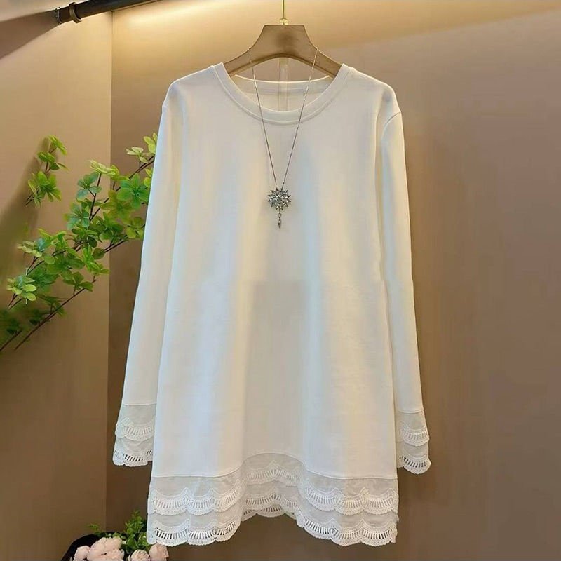 春秋季美式时尚胖妹妹300斤特大码纯色甜美风ins女款蕾丝拼接T恤,淘宝优惠券,粉丝福利购,淘宝优惠卷