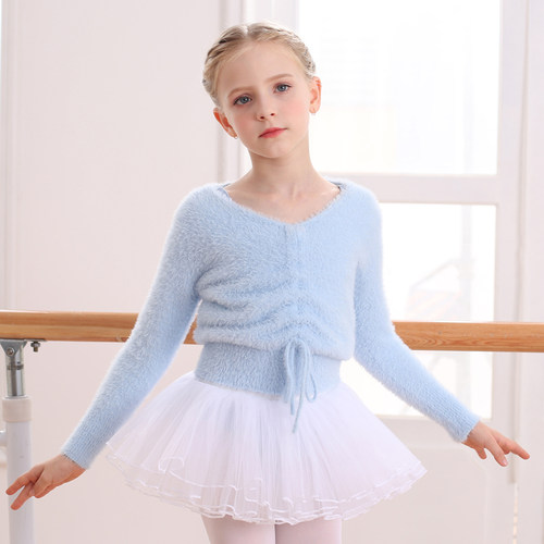 儿童舞蹈女童毛衣秋冬外套貂绒毛衣披肩女孩芭蕾舞练功服加绒保暖 - 图2