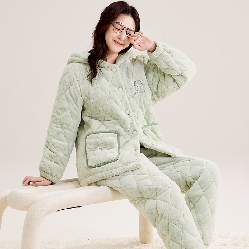 玛伦萨冬季睡衣女三层夹棉加厚保暖连帽珊瑚绒抗静电家居服套装