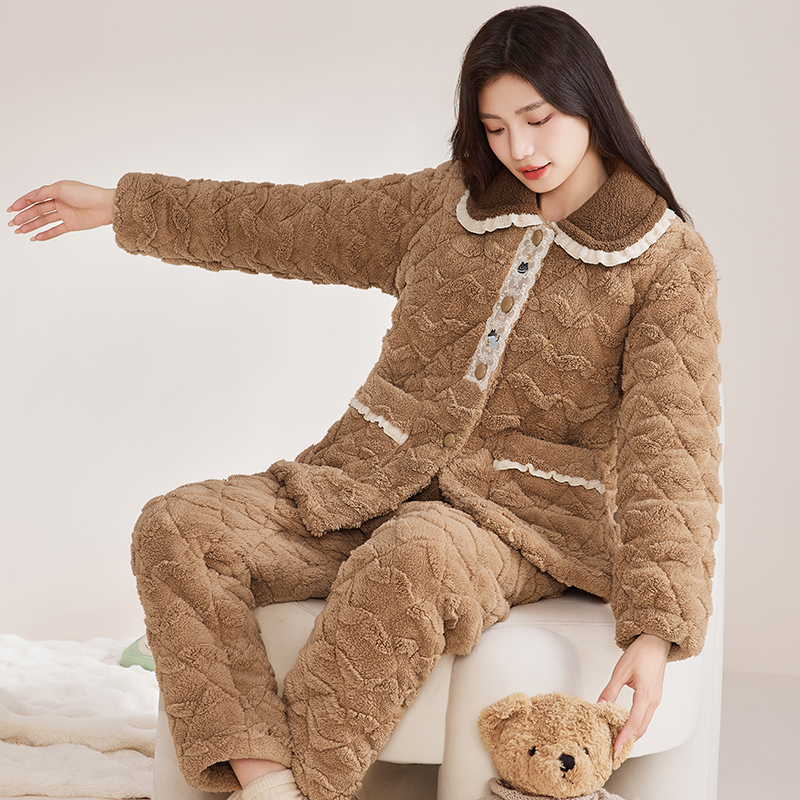 玛伦萨睡衣女款冬季新款加绒加厚三层夹棉袄大码家居服套装可外穿