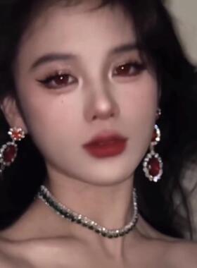 红色水滴钻石耳环女复古