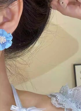 韩版蓝色滴釉海棠花银针耳钉