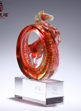 琉璃红色马吉祥物招财工艺品摆件