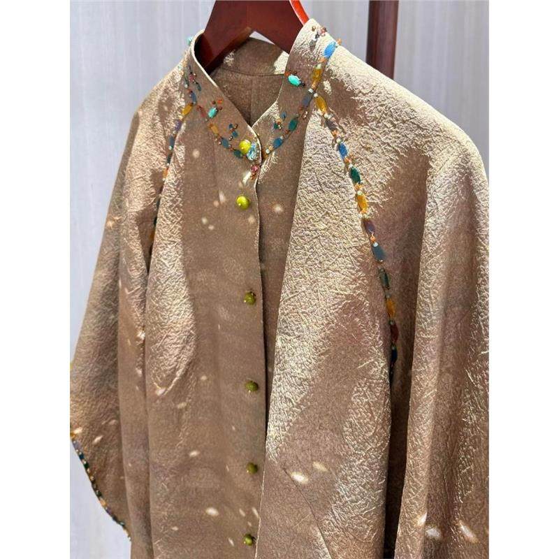 高端小资法式别致上衣姜黄色钉珠亮片衬衫女秋高级感轻奢减龄洋气,淘宝优惠券,粉丝福利购,淘宝优惠卷