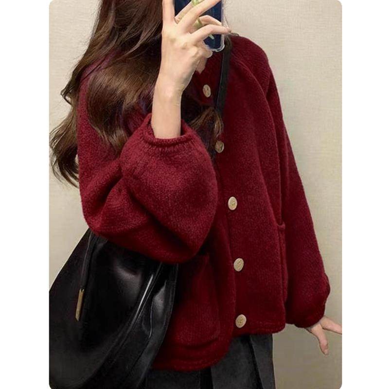 挚爱推荐！秋季酒红色毛衣外套女宽松慵懒高级感洋气减龄针织开衫,淘宝优惠券,粉丝福利购,淘宝优惠卷