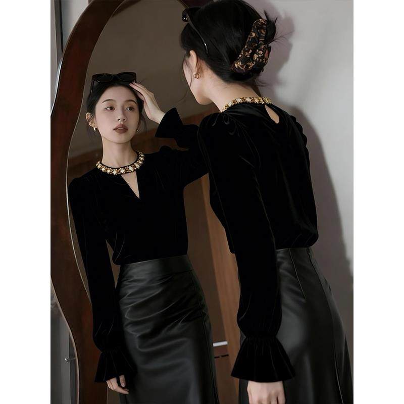法式复古赫本风黑色修身显瘦丝绒打底衫女内搭秋冬喇叭袖绝美上衣,淘宝优惠券,粉丝福利购,淘宝优惠卷