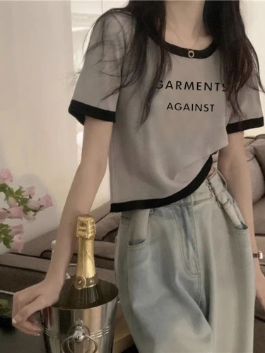 美式棉短袖正肩t恤女夏季设计感小众修身体恤短款上衣服2026新款 - 图0