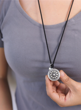 民族风手工苗银圆形铜鼓毛衣链女