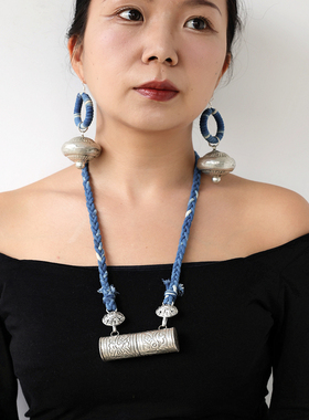 苗银蓝染手工编绳民族风毛衣链女