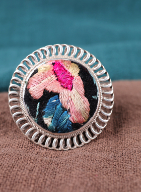 民族风蓝染刺绣老绣大戒面戒指女