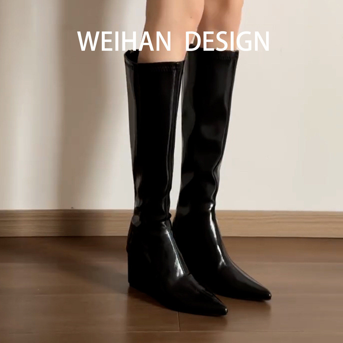 羊皮版！黑色尖头坡跟直筒骑士靴女高跟百搭显瘦长筒靴辣妹高筒靴,淘宝优惠券,粉丝福利购,淘宝优惠卷