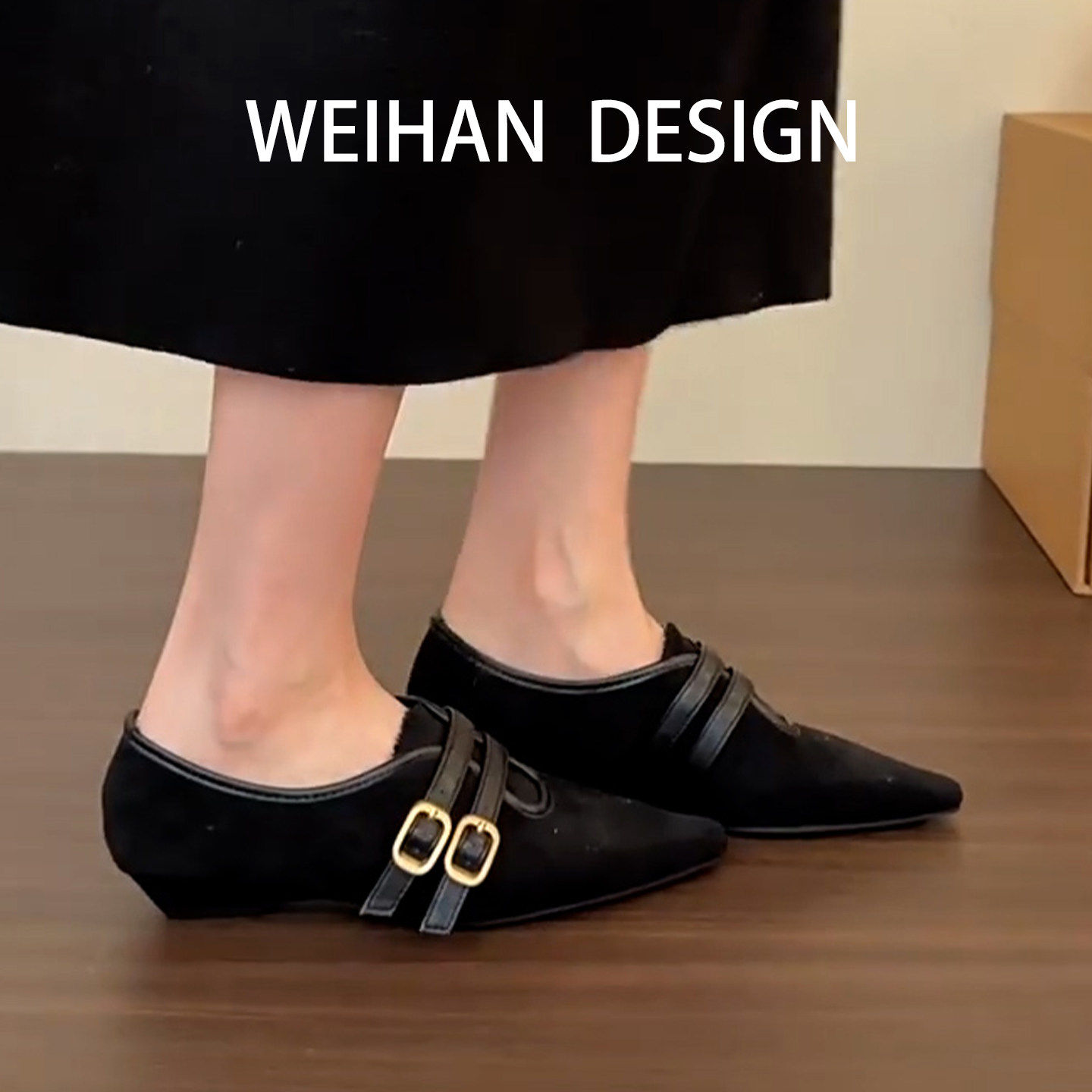 羊皮版！黑色坡跟尖头加绒单鞋女皮带扣保暖玛丽珍鞋晚晚风通勤鞋,淘宝优惠券,粉丝福利购,淘宝优惠卷