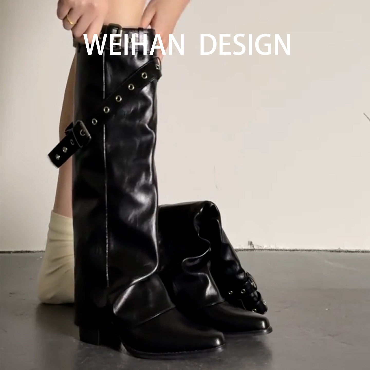 羊皮版！复古皮带扣裤管靴女真皮辣妹法式显瘦长靴粗跟铆钉骑士靴,淘宝优惠券,粉丝福利购,淘宝优惠卷