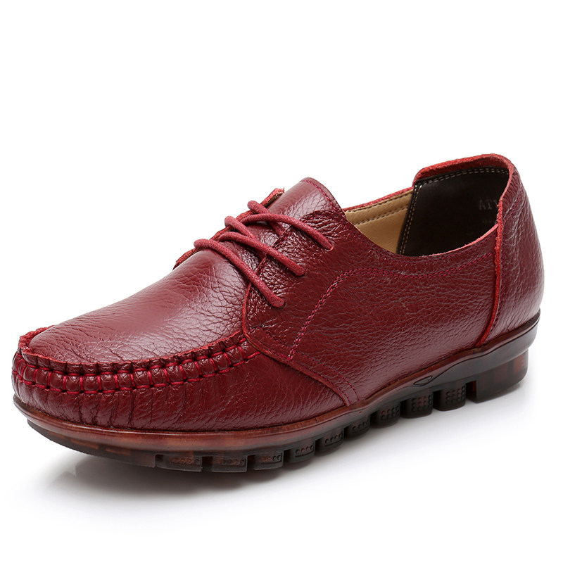 中年妈妈鞋真皮平底系带红色牛筋软底皮鞋春秋舒适百搭休闲单鞋女,淘宝优惠券,粉丝福利购,淘宝优惠卷