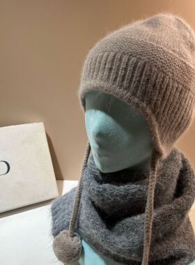 网红同款毛球兔毛护耳帽冬女季户外加厚保暖针织帽显脸小包头冷帽