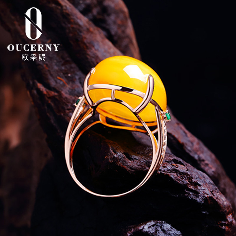 欧采妮蜜蜡女士18k金镶嵌天然戒指 oucerny欧采妮手饰