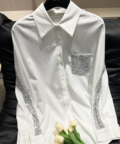 小众设计感重工白色亮片拼接衬衫女2025夏季新款休闲防晒衬衣上衣 - 图0