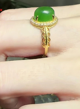 银镶嵌和田碧玉蛋面戒指轻奢时尚气质珠宝礼品