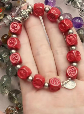 s925银朱砂四方珠手链设计款轻奢时尚首饰礼品