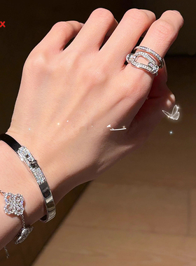 梯方钻马蹄双层满钻戒指 简约百搭轻奢高级 纯银镀金