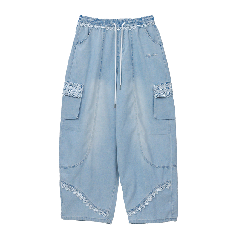 CBXLAB儿童街舞潮牌蕾丝花边爵士牛仔工装裤浅蓝美式甜酷hiphop潮 - 图3