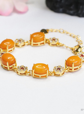 天然鸡油黄老蜜蜡手串琥珀镶嵌手链高端单圈真品男女士款