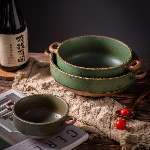 莳绘金缮 复古粗陶5/7/8.5英寸石口双耳碗家用饭碗汤碗景德镇餐具 - 图1