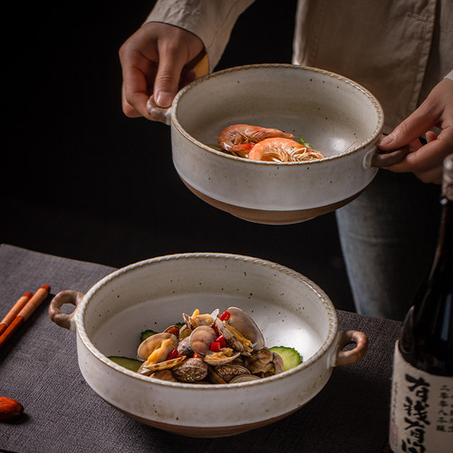 莳绘金缮 复古粗陶5/7/8.5英寸石口双耳碗家用饭碗汤碗景德镇餐具 - 图0