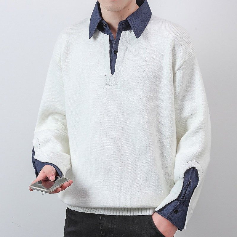 设计师款假两件毛衣男冬季2024新款衬衫领针织衫男士加厚保暖线衣,淘宝优惠券,粉丝福利购,淘宝优惠卷
