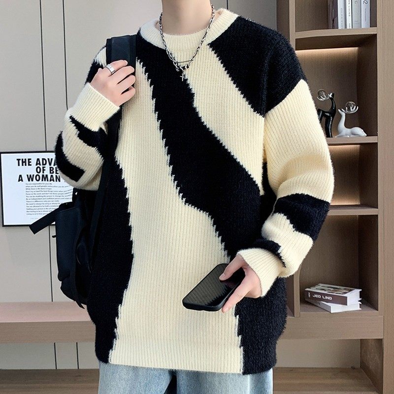 水貂绒条纹麻花毛衣男士秋冬季2025新款针织打底衫宽松保暖毛线衣,淘宝优惠券,粉丝福利购,淘宝优惠卷