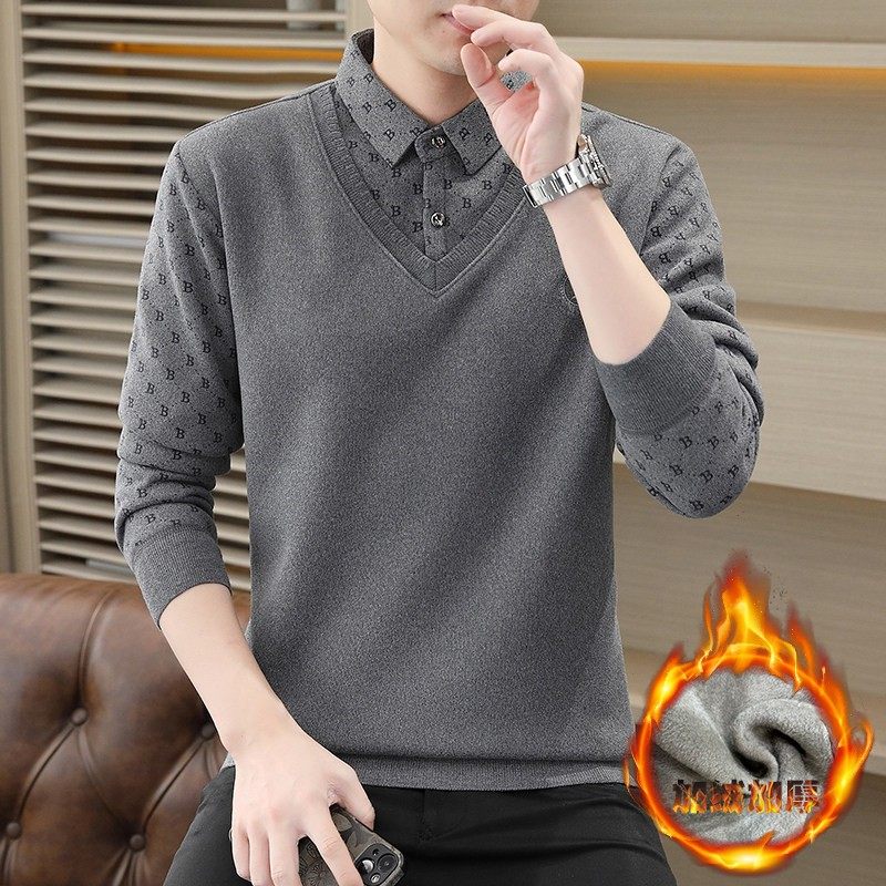 秋冬季假两件衬衫领毛衣男士内搭针织打底衫加绒加厚带领保暖线衣,淘宝优惠券,粉丝福利购,淘宝优惠卷