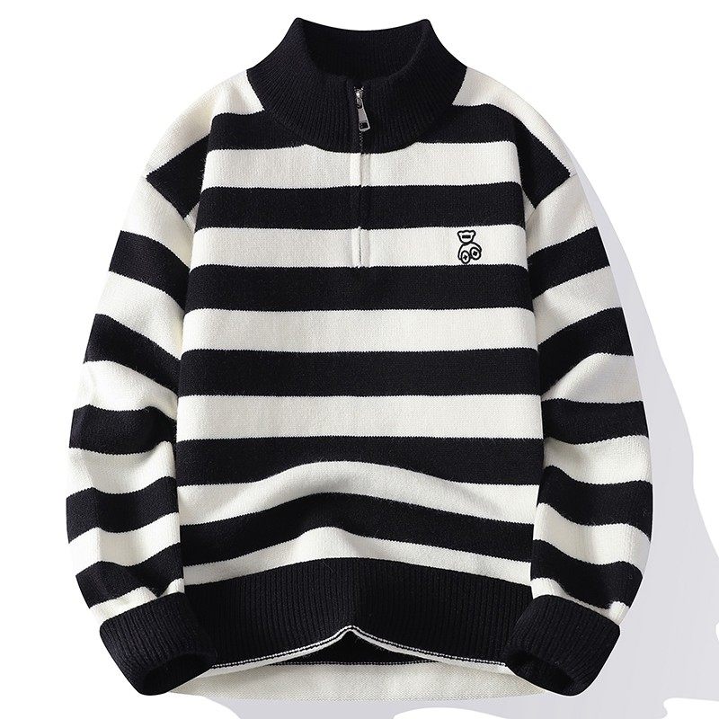 半拉链条纹潮牌宽松毛衣男士秋冬季2025新款加厚半高领针织打底衫,淘宝优惠券,粉丝福利购,淘宝优惠卷