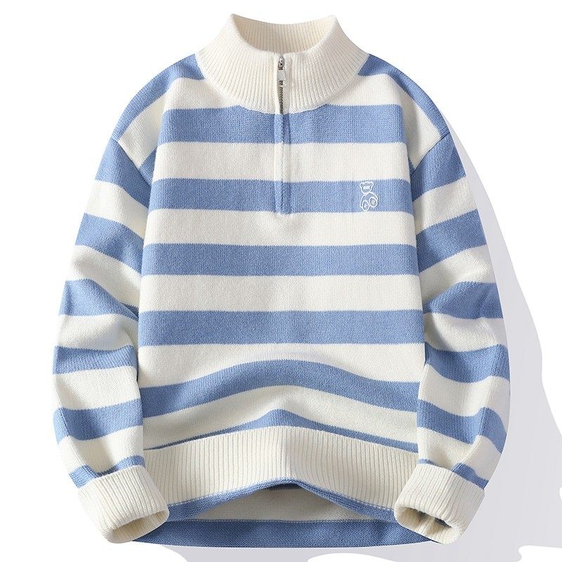 半拉链条纹潮牌宽松毛衣男士秋冬季2025新款加厚半高领针织打底衫,淘宝优惠券,粉丝福利购,淘宝优惠卷